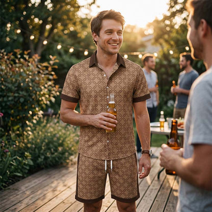 ☀️👕 Tryckt sommarset i två delar för herr – casual topp och shorts i slim fit