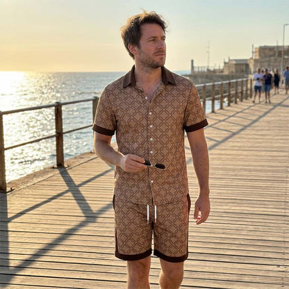 ☀️👕 Tryckt sommarset i två delar för herr – casual topp och shorts i slim fit