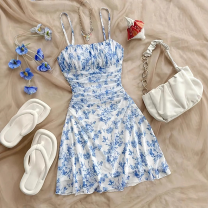 👗50% RABATT! ✨ Blommig Ruched Miniklänning – Spaghettiband, Ryggfri, Strandredo 🌸