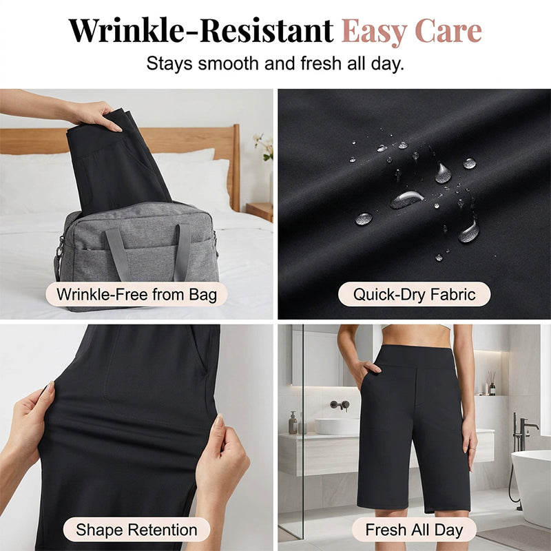🩳 50% RABATT NU! 🚶‍♀️ Kvinnors stretch promenadshorts – 4-vägs stretch, hög midja & knälängd – Andningsbara, djupa fickor & skavfri – perfekta för vandring, resor eller vardag 🌸