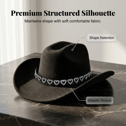 Cowboyhatt för damer med strasshjärta – elegant fedora i fransk jazzstil