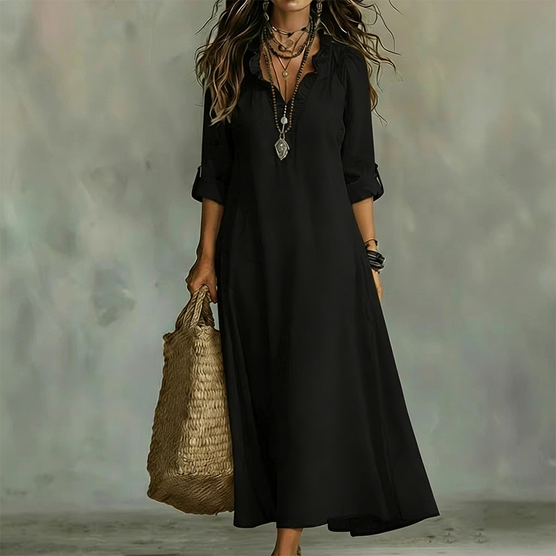 👗 50% RABATT NU! 🌿 Bohemisk Rufflad V-ringad Maxiklänning – Flödande Silhuett & Lätt Tyg – Elegant, Andningsbar & Mångsidig 🏖️