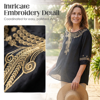 👚 50% RABATT NU! 🌸 Broderad Blus i Bomull-Linne – Utskärningar & 3/4-Ärm – Luftig Retroelegans 🌿