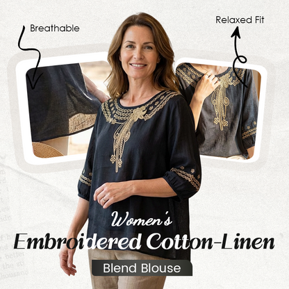 👚 50% RABATT NU! 🌸 Broderad Blus i Bomull-Linne – Utskärningar & 3/4-Ärm – Luftig Retroelegans 🌿