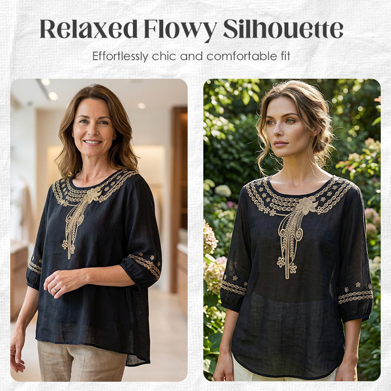 👚 50% RABATT NU! 🌸 Broderad Blus i Bomull-Linne – Utskärningar & 3/4-Ärm – Luftig Retroelegans 🌿
