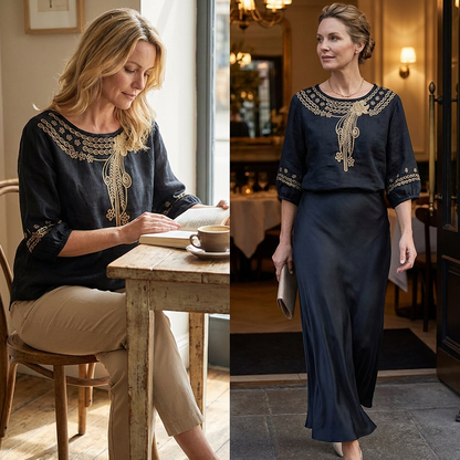 👚 50% RABATT NU! 🌸 Broderad Blus i Bomull-Linne – Utskärningar & 3/4-Ärm – Luftig Retroelegans 🌿