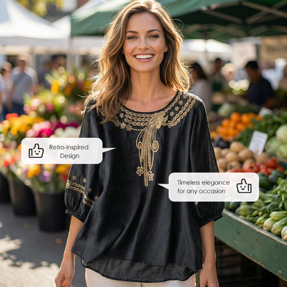 👚 50% RABATT NU! 🌸 Broderad Blus i Bomull-Linne – Utskärningar & 3/4-Ärm – Luftig Retroelegans 🌿