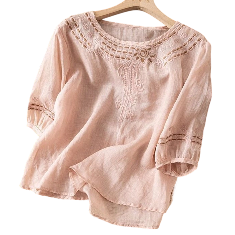 👚 50% RABATT NU! 🌸 Broderad Blus i Bomull-Linne – Utskärningar & 3/4-Ärm – Luftig Retroelegans 🌿