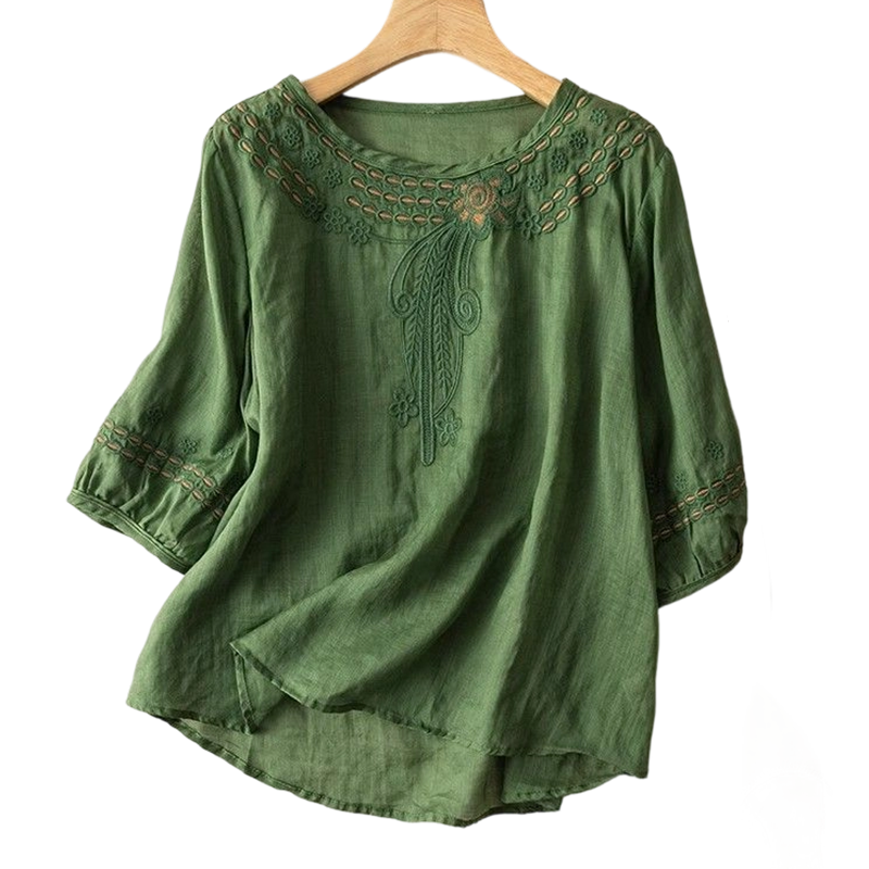 👚 50% RABATT NU! 🌸 Broderad Blus i Bomull-Linne – Utskärningar & 3/4-Ärm – Luftig Retroelegans 🌿
