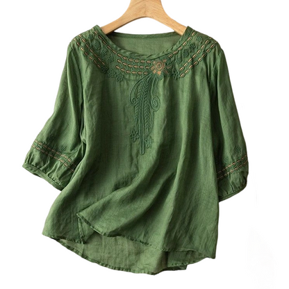 👚 50% RABATT NU! 🌸 Broderad Blus i Bomull-Linne – Utskärningar & 3/4-Ärm – Luftig Retroelegans 🌿