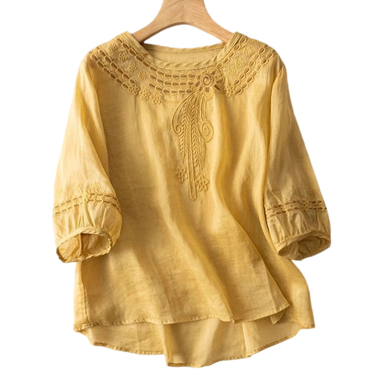 👚 50% RABATT NU! 🌸 Broderad Blus i Bomull-Linne – Utskärningar & 3/4-Ärm – Luftig Retroelegans 🌿