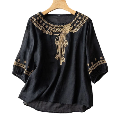 👚 50% RABATT NU! 🌸 Broderad Blus i Bomull-Linne – Utskärningar & 3/4-Ärm – Luftig Retroelegans 🌿