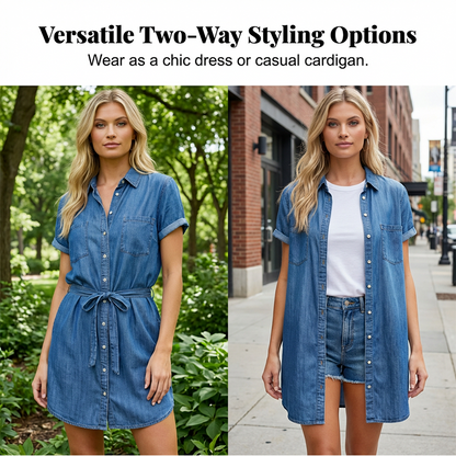 ✨ Jeansskjortklänning med dragsko – bekväm, skrynkelfri & lätt att styla – till sneakers, sandaler eller stövlar