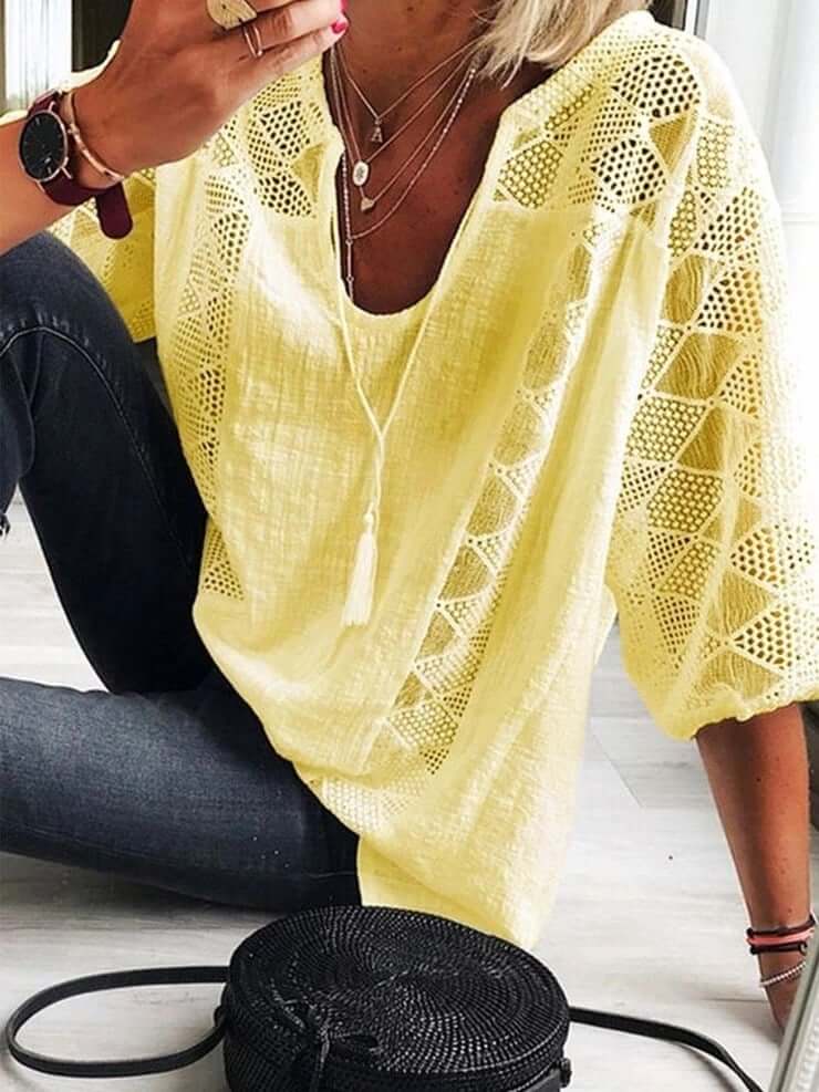 Damer u-ringningsblus med ärmar köp 3 gratis frakt