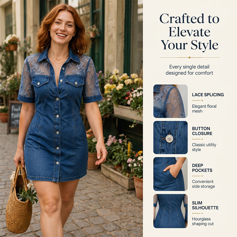 Dam genomskinlig spets denim miniklänning – edgy & feminin