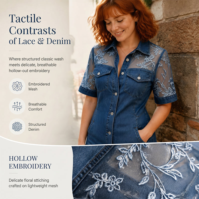 Dam genomskinlig spets denim miniklänning – edgy & feminin