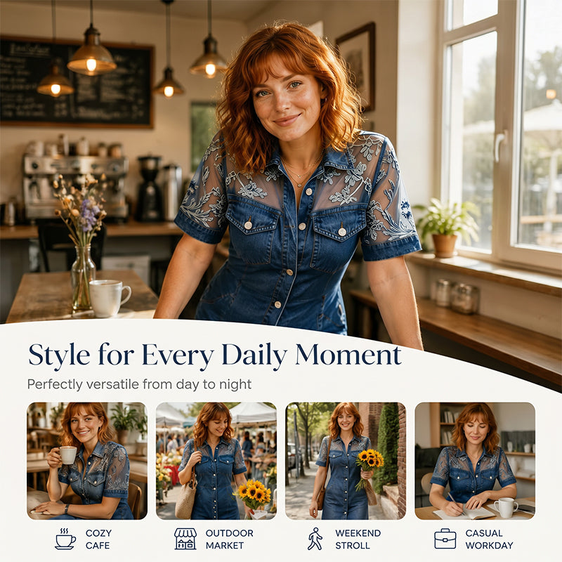 Dam genomskinlig spets denim miniklänning – edgy & feminin