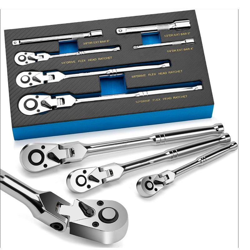 🔩 Flexhuvud-spärrnycklar (6 st) – 180° svängbart huvud, når runt hörn & hinder, perfekt för motorrum, VVS & möbelmontage, CRV-stål ⚙️