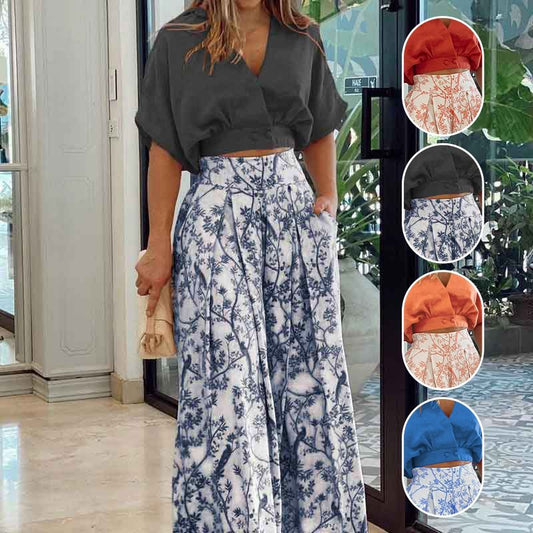 49 % rabatt🌷Elegant tvådelat set för damer 【Topp med V-ringning & byxor med vida ben】