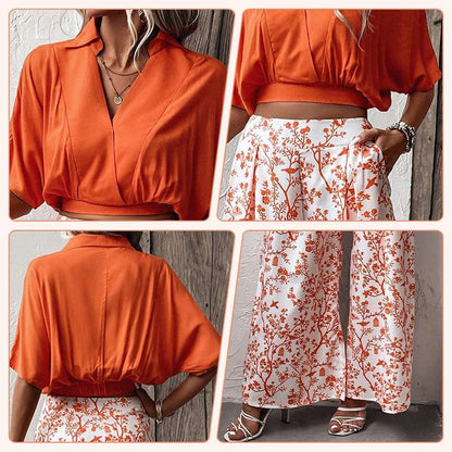 49 % rabatt🌷Elegant tvådelat set för damer 【Topp med V-ringning & byxor med vida ben】