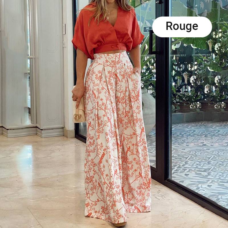 49 % rabatt🌷Elegant tvådelat set för damer 【Topp med V-ringning & byxor med vida ben】