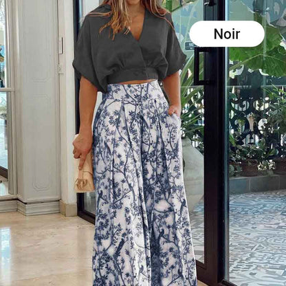 49 % rabatt🌷Elegant tvådelat set för damer 【Topp med V-ringning & byxor med vida ben】