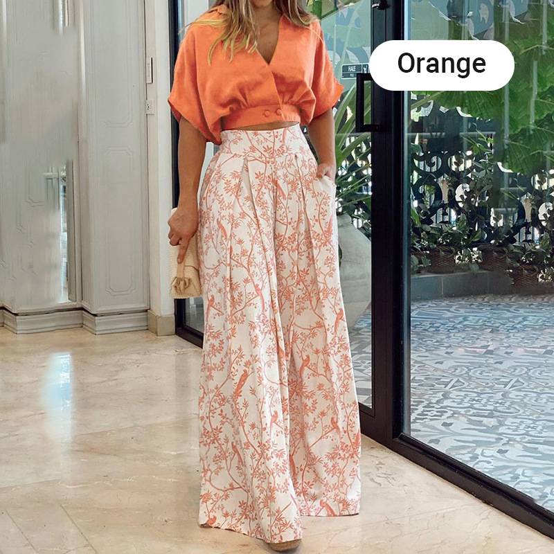 49 % rabatt🌷Elegant tvådelat set för damer 【Topp med V-ringning & byxor med vida ben】