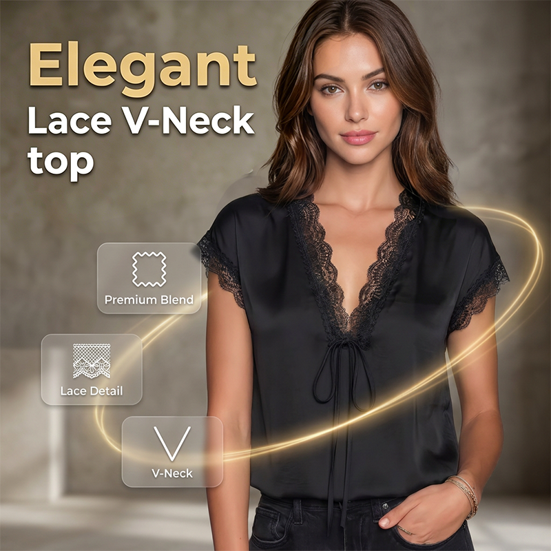 👚 50% RABATT NU! 🌙 Dam V-ringad Spetstopp – Kortärmad, Elegant & Dag till Kväll – Intrikat Spetssöm, Avslappnad Drapé, Feminin Charm 🌸