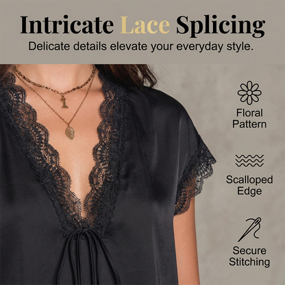 👚 50% RABATT NU! 🌙 Dam V-ringad Spetstopp – Kortärmad, Elegant & Dag till Kväll – Intrikat Spetssöm, Avslappnad Drapé, Feminin Charm 🌸