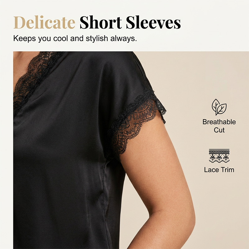 👚 50% RABATT NU! 🌙 Dam V-ringad Spetstopp – Kortärmad, Elegant & Dag till Kväll – Intrikat Spetssöm, Avslappnad Drapé, Feminin Charm 🌸