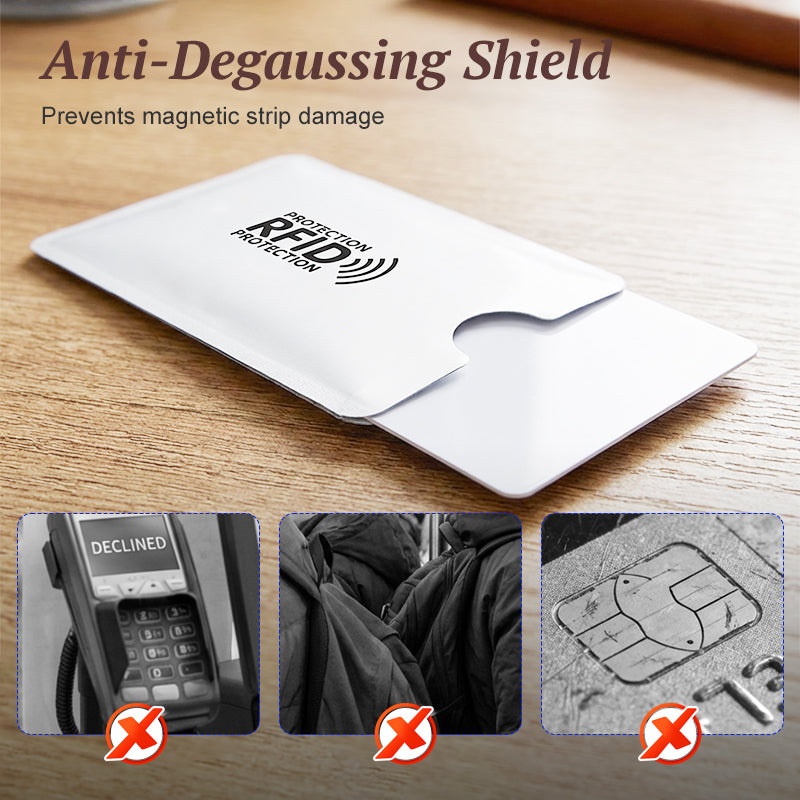 🛡️ RFID-kreditkortsskydd - Förhindrar obehörig skanning och avmagnetisering! 🔒 Ultratunn och lätt - passar alla vanliga kortstorlekar. 🧾 Tillverkad av slitstark aluminiumfolie - vattentät och reptålig.