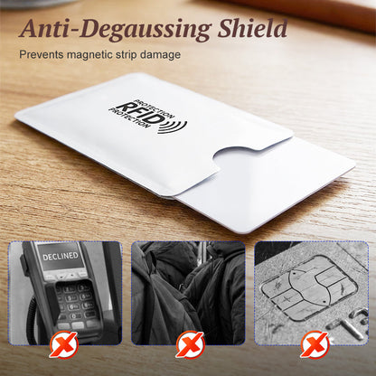 🛡️ RFID-kreditkortsskydd - Förhindrar obehörig skanning och avmagnetisering! 🔒 Ultratunn och lätt - passar alla vanliga kortstorlekar. 🧾 Tillverkad av slitstark aluminiumfolie - vattentät och reptålig.