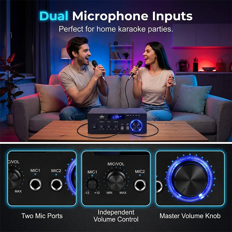 🎶 Digital karaoke-förstärkare – Bluetooth, USB & AUX, perfekt för mikrofon, gitarr & högtalare, kompakt & lätt att ta med 🎸