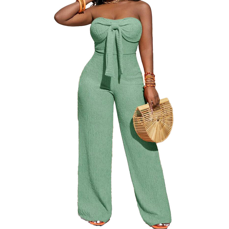 👗 LIMITED-TIME 50% OFF! 💥 Women's Strapless High-Waisted Wide-Leg Jumpsuit – Bustier Top, Bow Detail, Textured ✨