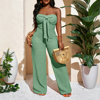 👗 LIMITED-TIME 50% OFF! 💥 Women's Strapless High-Waisted Wide-Leg Jumpsuit – Bustier Top, Bow Detail, Textured ✨