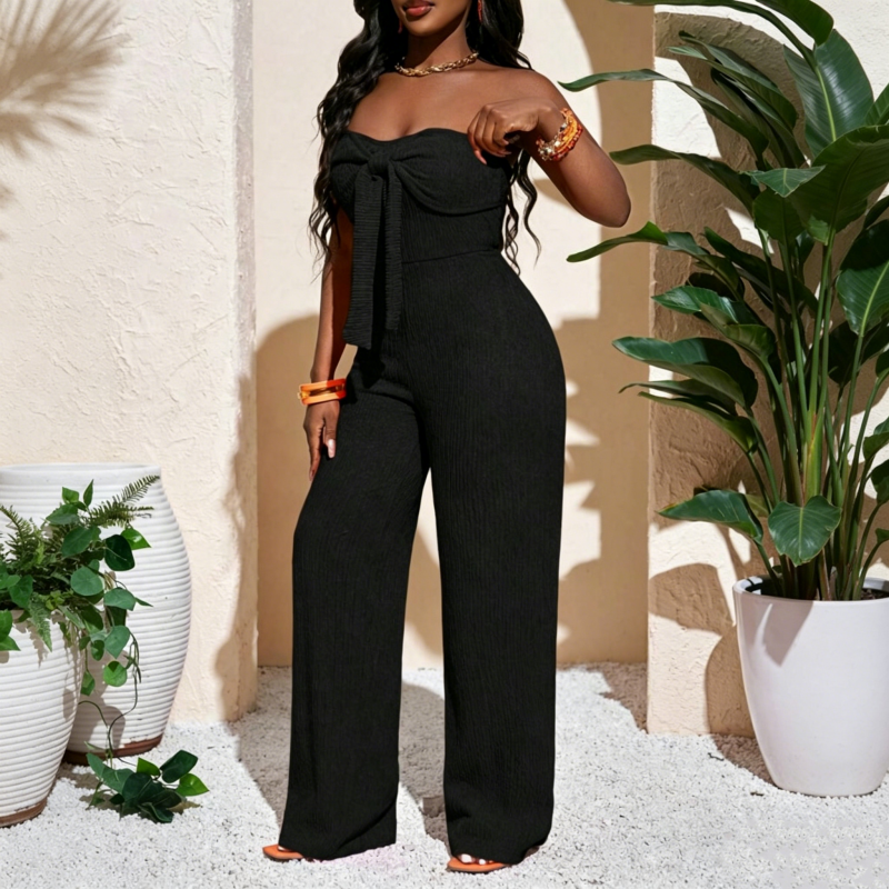 👗 LIMITED-TIME 50% OFF! 💥 Women's Strapless High-Waisted Wide-Leg Jumpsuit – Bustier Top, Bow Detail, Textured ✨