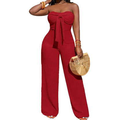 👗 LIMITED-TIME 50% OFF! 💥 Women's Strapless High-Waisted Wide-Leg Jumpsuit – Bustier Top, Bow Detail, Textured ✨