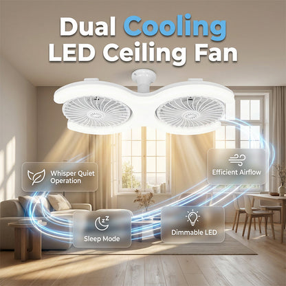 🌀 60% RABATT NU! 💡 Dubbelhovad LED-takfläkt med Belysning – 3 hastigheter & fjärrkontroll – 2 oberoende huvuden, perfekt för stora rum – snygg och tyst ✨🏠