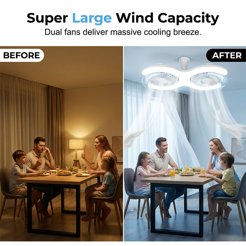 🌀 60% RABATT NU! 💡 Dubbelhovad LED-takfläkt med Belysning – 3 hastigheter & fjärrkontroll – 2 oberoende huvuden, perfekt för stora rum – snygg och tyst ✨🏠