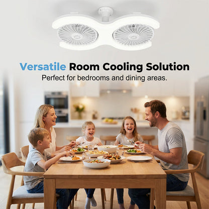 🌀 60% RABATT NU! 💡 Dubbelhovad LED-takfläkt med Belysning – 3 hastigheter & fjärrkontroll – 2 oberoende huvuden, perfekt för stora rum – snygg och tyst ✨🏠