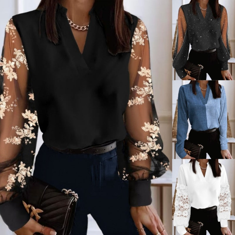 🌸 50 % RABATT NU! 🌸V-ringad Andningsbar Genomskinlig Långärmad Topp