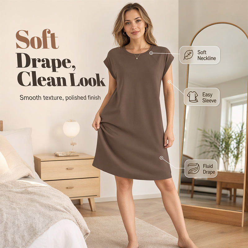 👗50% RABATT NU! 🌸 Damklänning med rund hals och enfärgad design – mjuk & lättviktig – perfekt för jobbet, stranden eller vardagselegans – mångsidig och bekväm ✨🌿