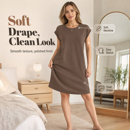👗50% RABATT NU! 🌸 Damklänning med rund hals och enfärgad design – mjuk & lättviktig – perfekt för jobbet, stranden eller vardagselegans – mångsidig och bekväm ✨🌿