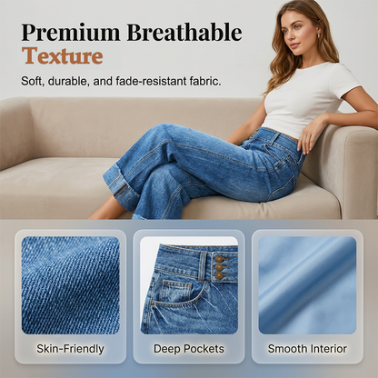 👖 50 % RABATT NU! 💙 Dam vida cropped jeans med knapphög midja – stretchig denim, smickrande siluett & perfekta för vardag & fest 🌿