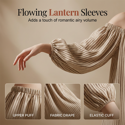 💃 Off-shoulder långklänning med lanternärmar – framhäver axlarna, döljer överarmarna & smickrar figuren, romantisk & chic 🌸