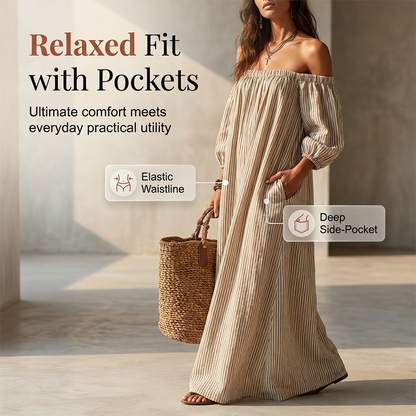 💃 Off-shoulder långklänning med lanternärmar – framhäver axlarna, döljer överarmarna & smickrar figuren, romantisk & chic 🌸