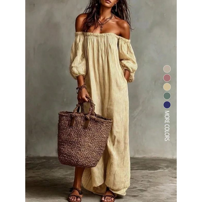 💃 Off-shoulder långklänning med lanternärmar – framhäver axlarna, döljer överarmarna & smickrar figuren, romantisk & chic 🌸