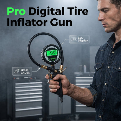 🔧 Digital däckpump med tryckmätare & LED-ljus – flera adaptrar, perfekt för bil, motorcykel, cykel & luftmadrass, snabb & exakt pumpning ⚡
