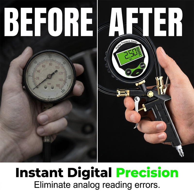 🔧 Digital däckpump med tryckmätare & LED-ljus – flera adaptrar, perfekt för bil, motorcykel, cykel & luftmadrass, snabb & exakt pumpning ⚡