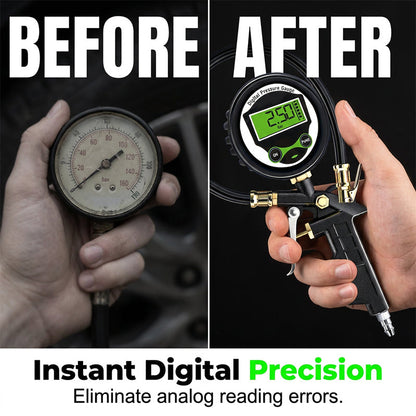 🔧 Digital däckpump med tryckmätare & LED-ljus – flera adaptrar, perfekt för bil, motorcykel, cykel & luftmadrass, snabb & exakt pumpning ⚡